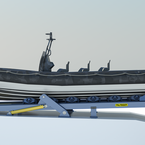 Cradle with 12m RIB fully retracted and slipway frame tilted inwards to parking position. Cradle with 12m RIB fully retracted and slipway frame tilted inwards to parking position.
