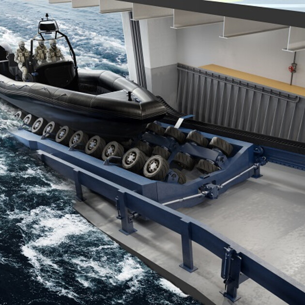 Quad wheel-drive units mounted on slipway frame Quad wheel-drive units mounted on slipway frame