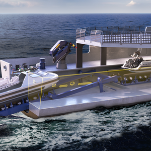Submerged guide rails and drive wheel units on deployable slipway cradle, supported by tiltable slipway frame Submerged guide rails and drive wheel units on deployable slipway cradle, supported by tiltable slipway frame