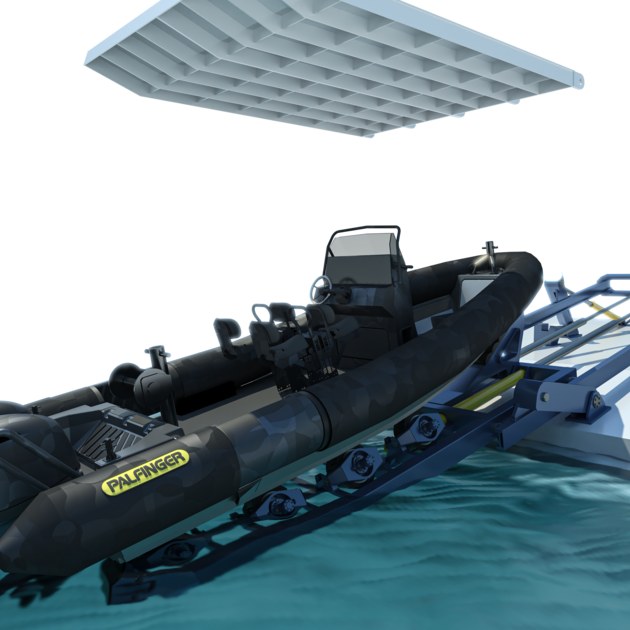 Boat with twin outboard engines, fully recovered into the extended slipway cradle Boat with twin outboard engines, fully recovered into the extended slipway cradle