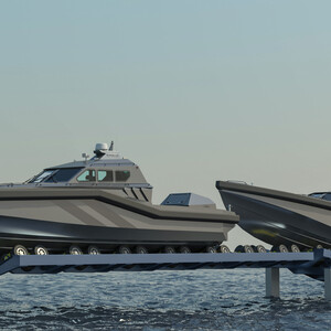 Boat #1 in parking position on parking cradle and boat #2 in elevated parking position on slipway cradle Boat #1 in parking position on parking cradle and boat #2 in elevated parking position on slipway cradle