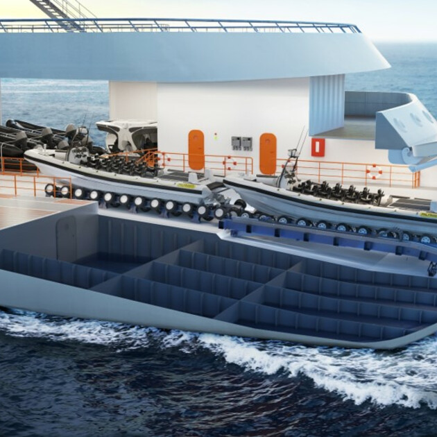 Parking position for additional boat (quad wheel-drive on deck structure) Parking position for additional boat (quad wheel-drive on deck structure)