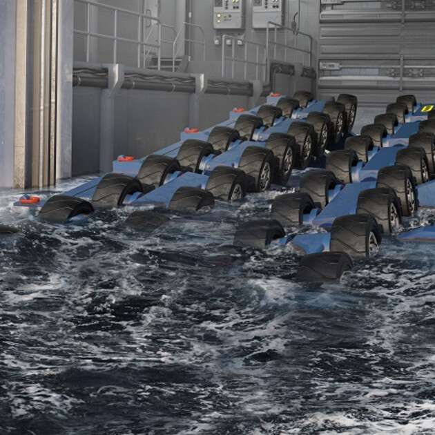 Quad wheel-drive units mounted on slipway cradle Quad wheel-drive units mounted on slipway cradle