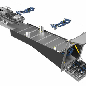Slipway System in stowed position, allowing other types of operations to be conducted through the upper half of the stern door Slipway System in stowed position, allowing other types of operations to be conducted through the upper half of the stern door