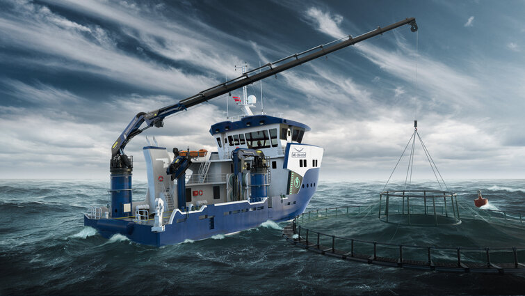 Rendering of PFM 2100 on board a vessel during fishfarming operation Rendering of PFM 2100 on board a vessel during fishfarming operation