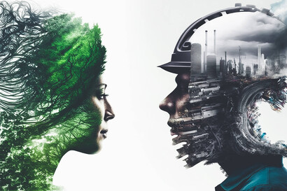 Der Kopf einer Frau und der Kopf eines Mannes mit Helm