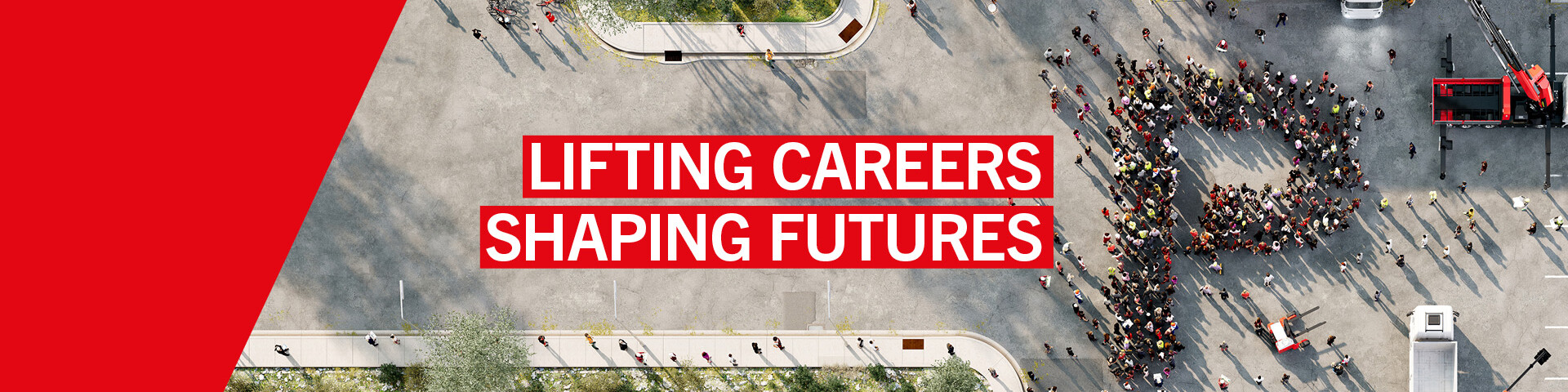 The slogan ‘Lifting Careers, Shaping Futures’ can be seen. Employees are standing in a car park and forming the letter P. Next to them are a crane and a forklift truck.
