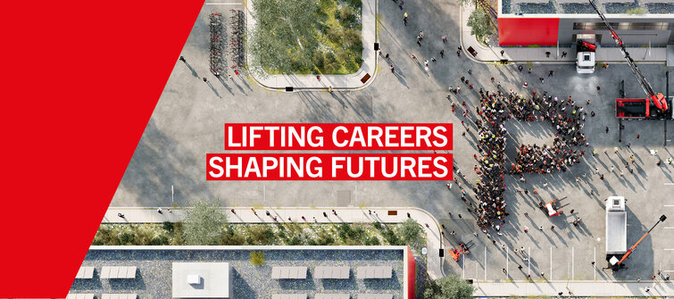 The banner shows the slogan Lifting Careers, Shaping Futures. Employees are standing in a parking lot forming the P. Next to them are a crane and forklift.